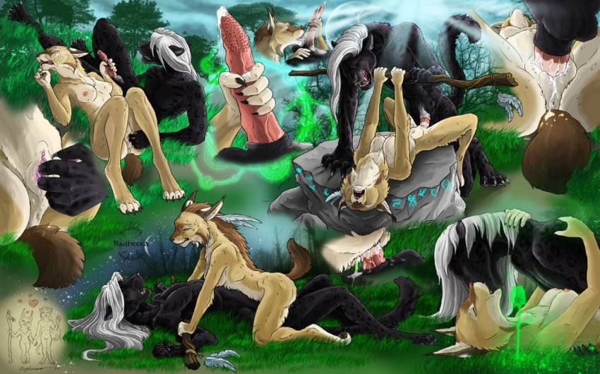 anthro bagheera_(artist) bagheera_(fursona) barbs breasts close-up closed_eyes cum feline female fingering fur furry hair handjob kissing licking lynx male panther penetration penis polearm pussy staff straight tongue vaginal_penetration white_hair