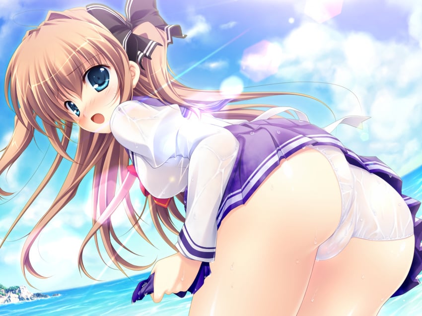 asuka_mirai blush brown_hair clouds female game_cg mikeou nanairo_kouro panties see-through see-through_panties sky solo underwear water wet