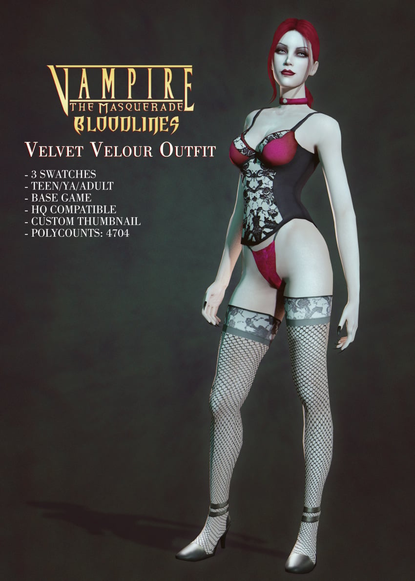 3d breasts choker cleavage_cutout description female fishnet_legwear fishnet_stockings fishnets heels highres long_nails makeup medium_breasts pale_skin panties red_hair solo solo_female stockings tied_hair vampire vampire_girl vampire_the_masquerade vampire_the_masquerade_bloodlines velvet_velour world_of_darkness