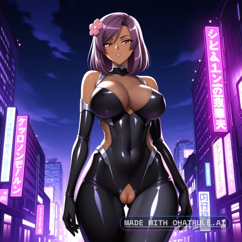 1girl ai_assisted ai_generated anime_coloring armor bare_shoulders black_bodysuit city cityscape clouds cowboy_shot crotchless curvy dark_theme detailed_pussy elbow_gloves eyelashes fishnets flower gloves hair_flower hair_ornament high_contrast kagami_hirotaka koukawa_oboro looking_at_viewer makeup neon_lights night night_sky outdoors soft_shading taimanin_asagi_zero taimanin_suit thigh_gap visible_pussy