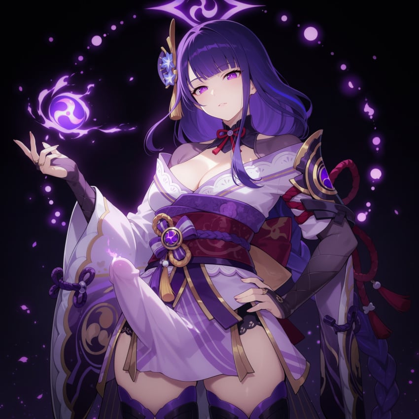 ai_generated big_breasts big_penis boner braid cleavage dressed erection erection_under_clothes futanari genshin_impact golden_jay japanese_clothes long_hair magic parody purple_eyes purple_hair raiden_shogun