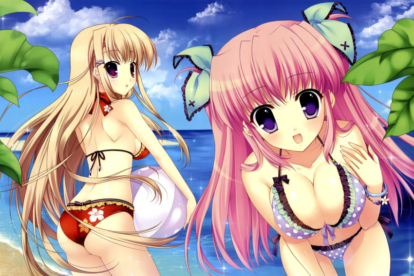 2girls ball bangle beach beach_ball bikini blonde_hair breasts cleavage high_resolution holding long_hair looking_at_viewer mitha multiple_girls nanagane_educational_institution ocean open_mouth pink_hair polka_dot polka_dot_bikini polka_dot_swimsuit purple_eyes sakuranomiya_arisa scan shirasagi_otoha sky smile swimsuit