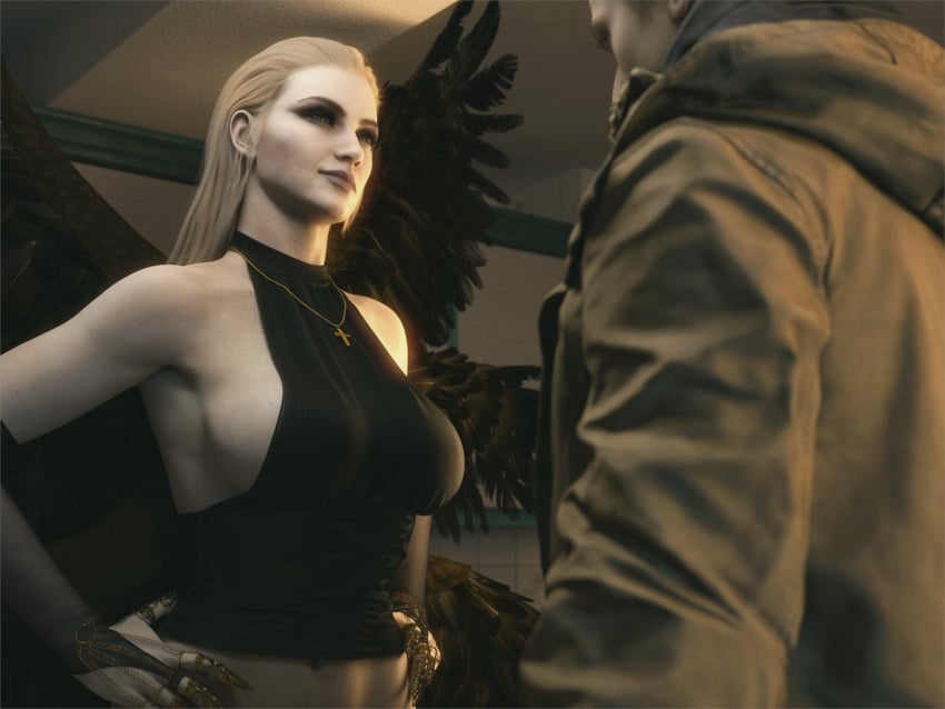 1girls 3d alternate_hairstyle armpit belly_button blonde_female blonde_hair capcom child_bearing_hips clothed couple ethan_winters exposed_midriff highres hourglass_figure hourglass_figured_female large_breasts long_hair midriff mother_miranda_(resident_evil) necklace pale-skinned_female pale_skin pose posing posing_for_the_viewer resident_evil resident_evil_8:_village safe sideboob sleeveless_shirt slim_waist smirking smirking_at_partner sweater teasing teasing_partner turtleneck veins veins_on_breasts video_game_character wide_hips wings word2