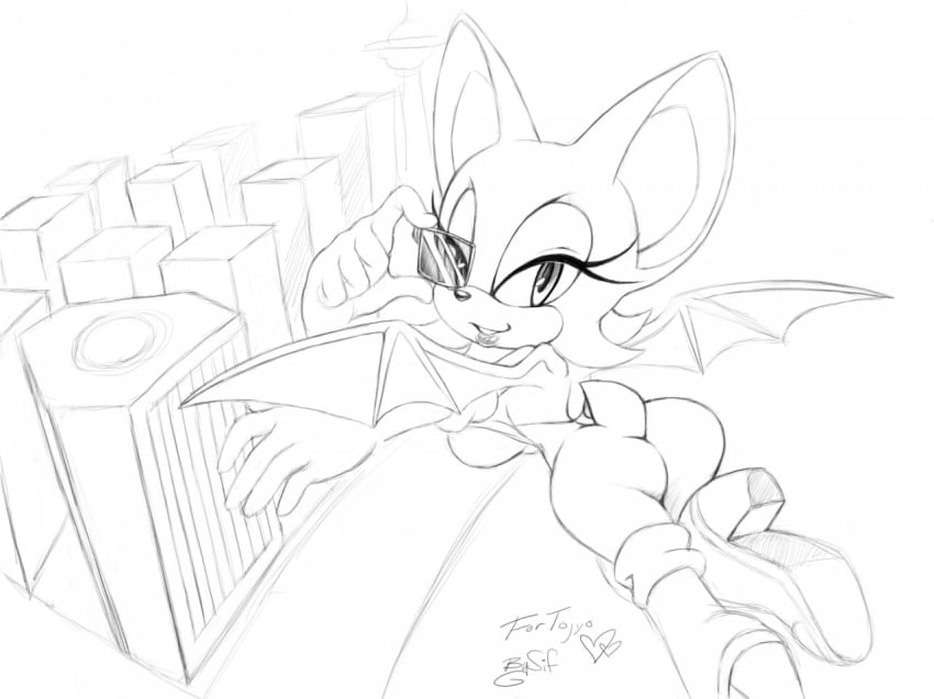 1girls ass flying greyscale monochrome rouge_the_bat sif_(artist) solo sonic_(series)