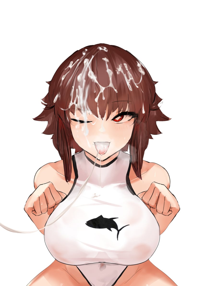 1girl after_fellatio breasts bright_pupils brown_hair choppy_bangs collarbone covered_navel cum cum_on_body cum_on_hair cum_string excessive_cum facial fish_symbol from_above highres large_breasts leotard liz_(nin_fake) nin_fake one_eye_closed original paw_pose red_eyes tongue tongue_out white_leotard white_pupils