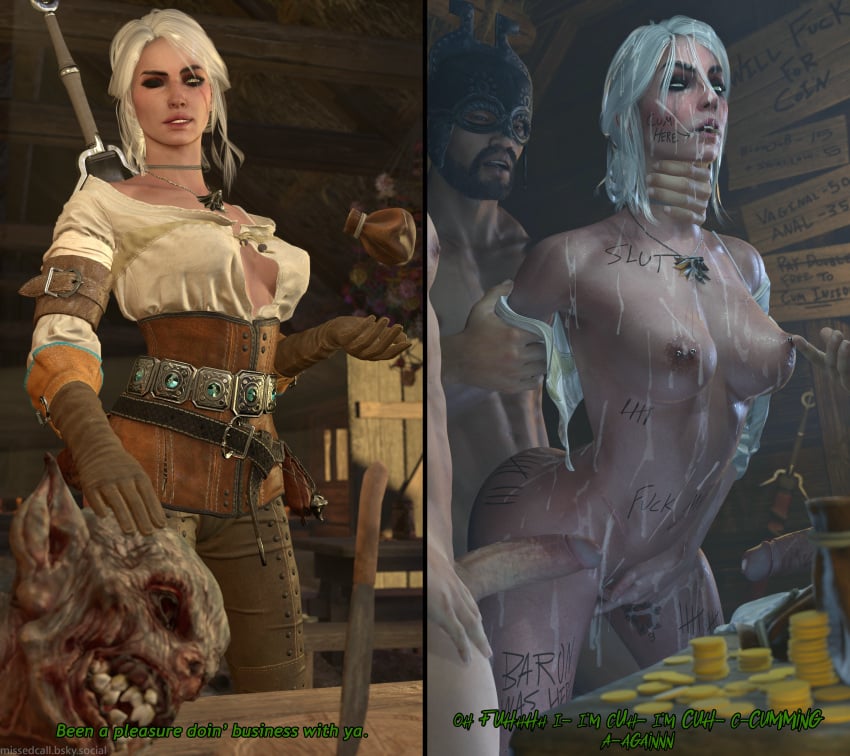 1girl 3boys 3d ambiguous_penetration arm_grab ass before_and_after big_penis breasts brown_gloves cd_projekt_red ciri clothing completely_nude contract cum cum_on_body cum_on_breasts cum_on_face english_text female freckles freckles_on_face fucked_silly gloves gold green_eyes instant_loss_2koma light-skinned_female light-skinned_male light_skin male markings mascara masturbation missed_call monster nipple_piercing nipples nipples_touching nude penetration penis pierced_nipples running_mascara runny_makeup scar sex sword tattoo text the_witcher_(series) the_witcher_3:_wild_hunt throat_grab white_hair witcher_medallion