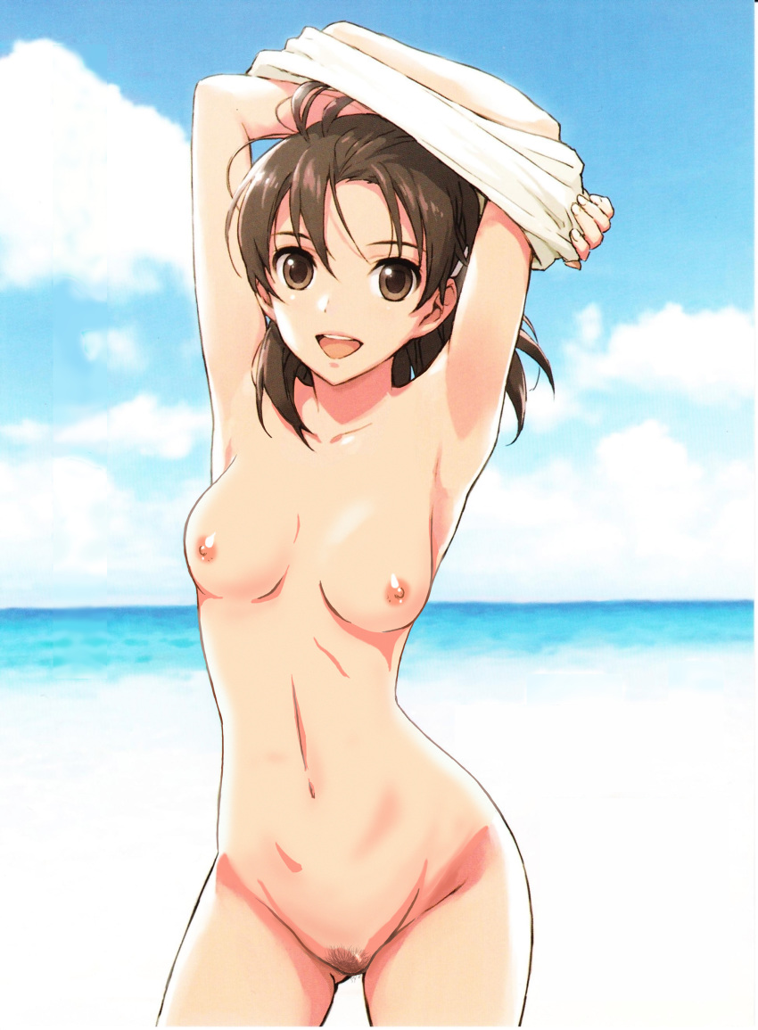 armpits arms_up beach brown_eyes brown_hair female kyouno_madoka morisawa_haruyuki nude_filter ocean photoshop poster rinne_no_lagrange sky undressing