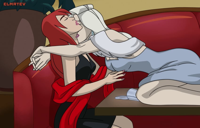 2girls black_dress breasts closed_eyes dress elbow_gloves elmrtev grey_dress grey_hair kissing lipstick marvel marvel_comics mary_jane_watson mary_jane_watson_(spectacular) red_fur silver_hair silver_sable silver_sablinova spider-man_(series) the_spectacular_spider-man thighs yuri