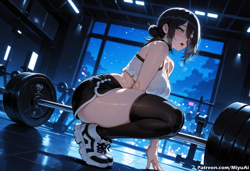 1girl ai_assisted ai_generated bangs bare_shoulders black_hair black_legwear blush breasts chainsaw_man crop_top curvaceous curvy curvy_female curvy_figure female from_side green_eyes hair_between_eyes large_breasts looking_at_viewer medium_hair midriff miyuai night night_sky reze_(chainsaw_man) shirt shoes short_shorts shorts sidelocks sky sleeveless sneakers solo squatting sweat thick thick_ass thick_butt thick_hips thick_legs thick_thighs thighhighs thighs voluptuous voluptuous_female wide_hips wide_thighs