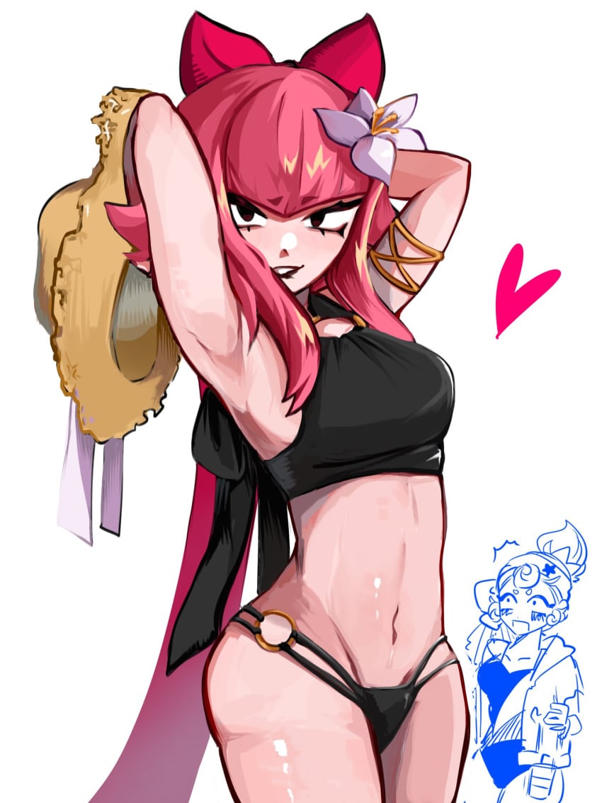 armpits arms_up artist_request bikini_bottom blush bow brawl_stars breasts flower_in_hair hands_behind_head headgear heart holding_object janet_(brawl_stars) long_sleeves looking_at_viewer melodie_(brawl_stars) panties pink_hair slim_waist smile tagme tagme_(artist) thick_thighs topwear voluptuous wide_hips