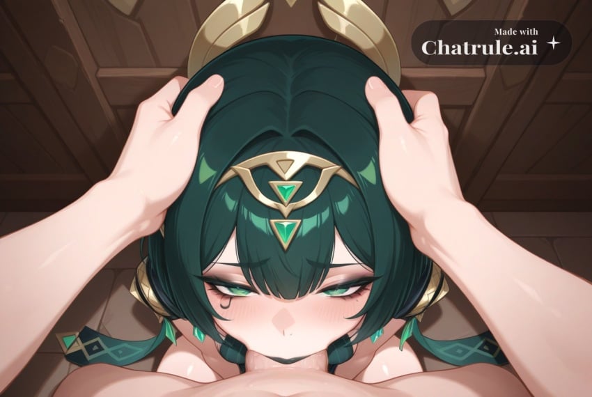 1girl ai_assisted ai_generated back_against_wall balls_deep black_lips deep deepthroat dominated eyeshadow face_fuck facing_viewer green_eyes green_hair hands_tied_above_head high_quality highres makeup petite_body pov ripped_clothes short_hair sitting_on_knees skinny small_breasts small_tits tiny_tits young