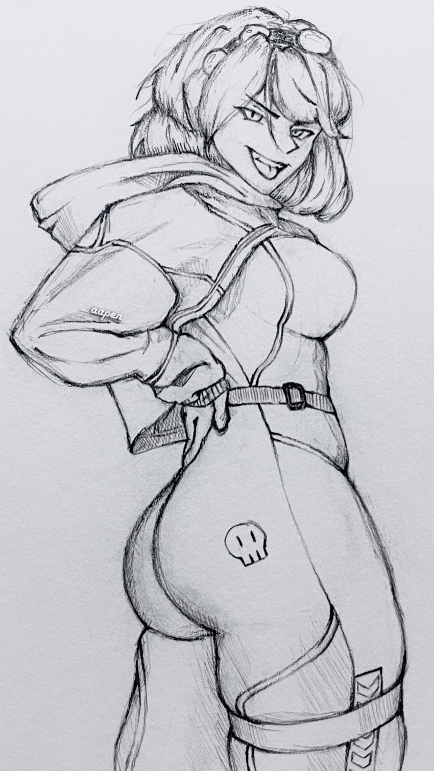 >:d 1girls aapendooors ass big_breasts bodysuit female female_only hood murder_drones short_hair shrug_(clothing) smile smiling thick_ass thick_thighs thigh_band tight_clothing tongue v_(murder_drones)