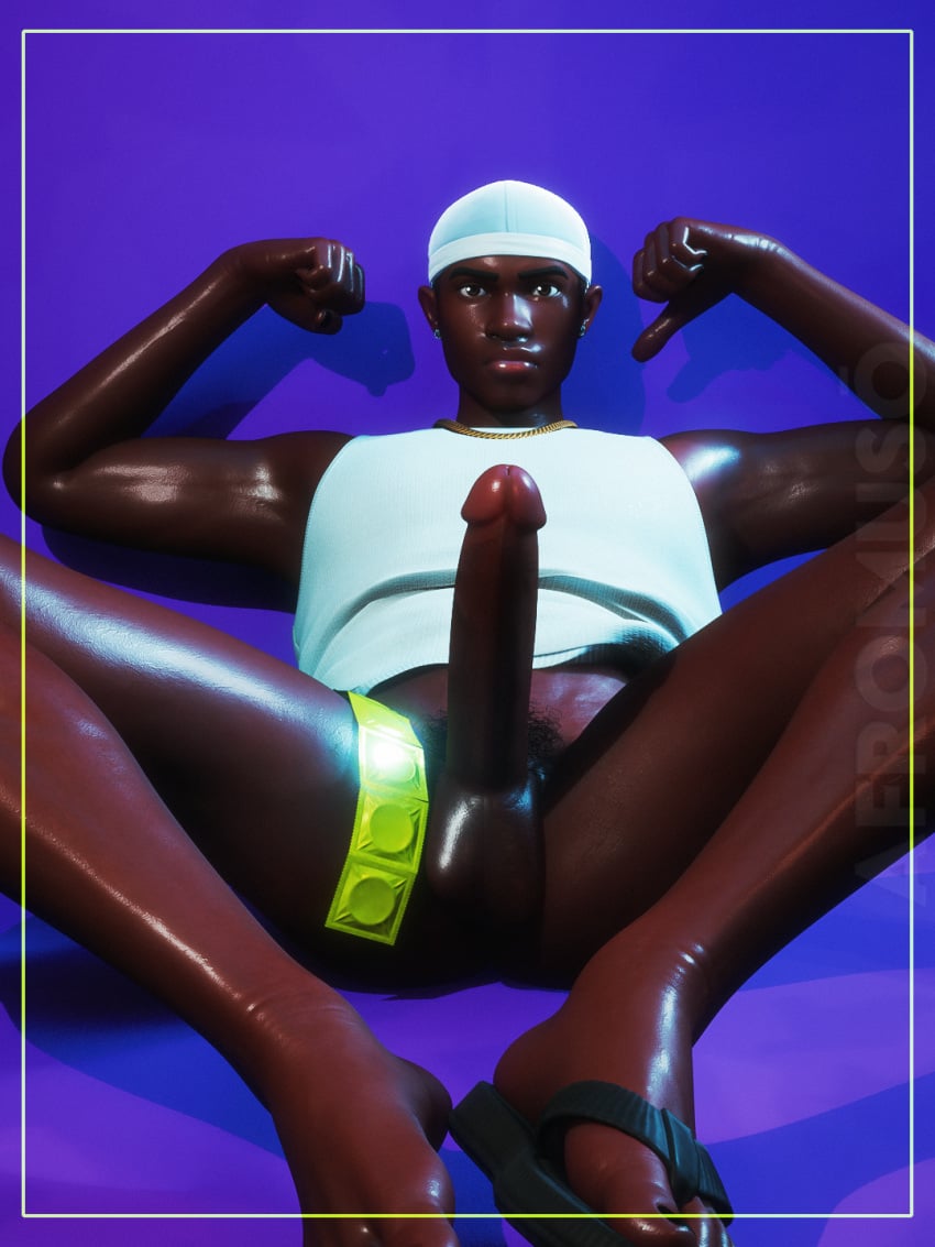 1boy 3d_(artwork) african_male afromuso big_balls big_dick big_lips big_penis black_male black_nails blender_(software) blender_eevee_next condom_wrapper dark-skinned_male dark_skin dick_focus durag earrings flexing fortnite fortnite:_battle_royale gold_chain jewlery killian_(fortnite) looking_at_viewer male male_only necklace painted_nails pantless partially_clothed penis_focus plump_lips presenting_dick presenting_penis pubic_hair sandals self_upload sleeveless_shirt sweat sweaty undershirt very_dark_skin watermark