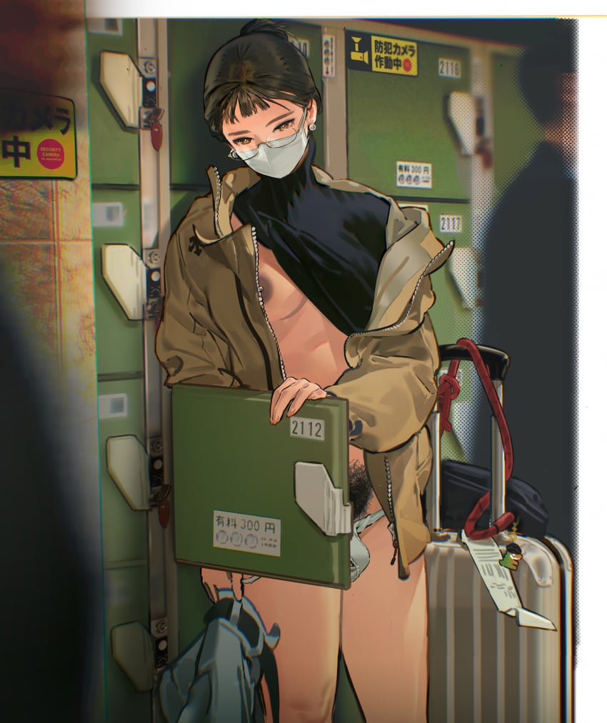 1girls 2others black_hair bottomless breasts breasts_out brown_eyes exhibitionism face_mask feet_out_of_frame female glasses jacket mask medium_breasts nipple_piercing nipples no_pants one_breast_out original panties panties_down pants_removed partially_clothed pubic_hair public_exposure public_indecency sunny_bitch sweater sweater_lift