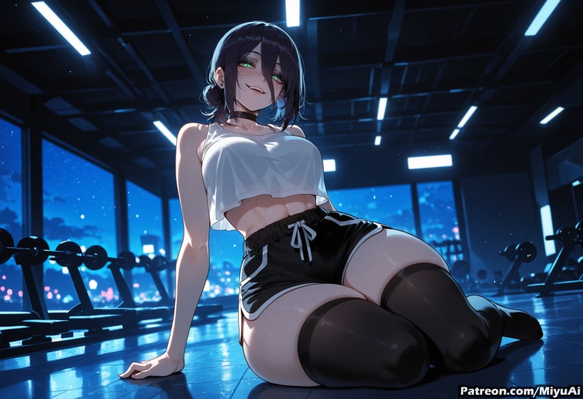 1girl ai_assisted ai_generated bangs bare_shoulders black_choker black_hair black_legwear black_shorts blush breasts chainsaw_man choker crop_top crop_top_overhang curvaceous curvy curvy_female curvy_figure female green_eyes hair_between_eyes large_breasts looking_at_viewer medium_hair midriff miyuai night reze_(chainsaw_man) shirt short_shorts shorts sitting smile solo thick thick_ass thick_butt thick_hips thick_legs thick_thighs thighhighs thighs voluptuous voluptuous_female wide_hips wide_thighs