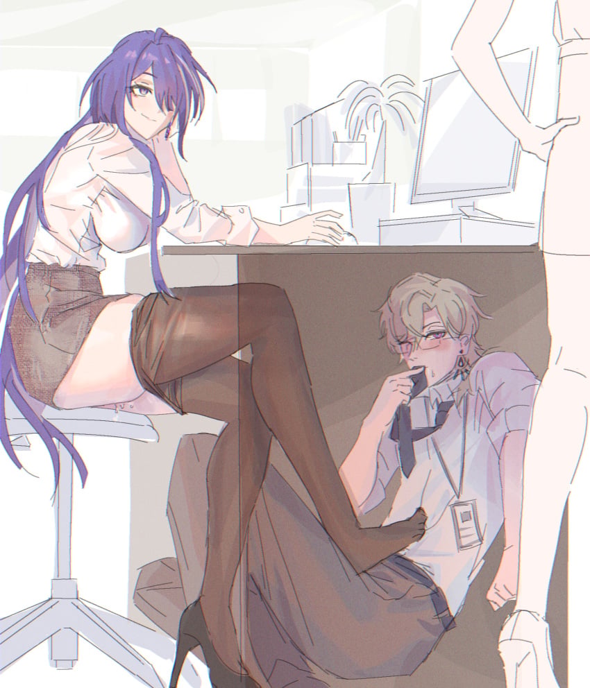 1boy 2d 2d_(artwork) acheron_(honkai:_star_rail) aventurine_(honkai:_star_rail) blonde_hair computer covering_mouth dripping footjob gnarlypzofbread hidden hiding_under_table honkai:_star_rail honkai_(series) hoyoverse long_hair mihoyo office office_clothing office_desk one_shoe_on pantyhose pantyhose_down pencil_skirt purple_hair sitting_on_chair