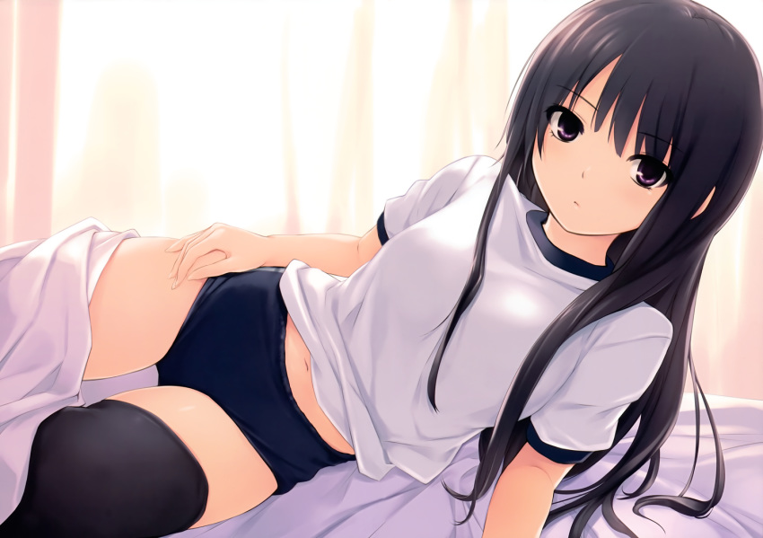 black_hair coffee-kizoku gym_uniform long_hair original pointy_chin purple_eyes shiramine_rika thighhighs