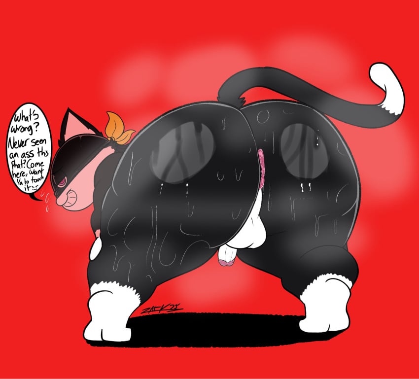 anthro anus ass atlus balls bent_over big_ass big_ass_(male) big_butt bodily_fluids bubble_ass bubble_butt domestic_cat fat_ass fat_butt felid feline felis genitals grin hi_res huge_ass huge_butt humanoid_genitalia humanoid_penis inviting male male_only mammal megami_tensei megami_tensei_persona morgana_(persona) penis plump_ass plump_butt presenting presenting_hindquarters red_background round_ass round_butt seductive sega simple_background smile solo speech_bubble sweat sweaty_butt thick_ass thick_butt thick_thighs zackdadawg