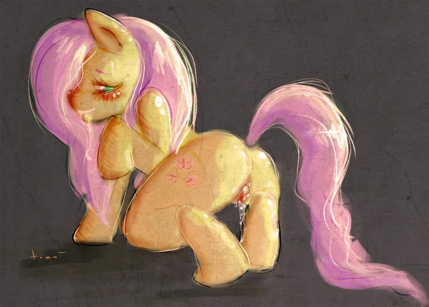 back dripping equine fluttershy_(mlp) friendship_is_magic horse my_little_pony pink_hair pinup pony pussy straight_hair stubbins tagme