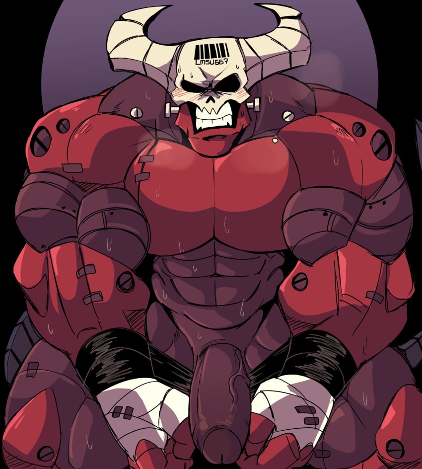 1boy 2023 abs angry bara barcode biceps big_pecs blush bodily_fluids bolts bound bound_wrists clenched_teeth deltoids demon eyeless gay genitals hand_wraps helltaker hi_res horn horned_headwear horned_humanoid humanoid juggermelon kneeling large_penis looking_at_viewer male male_focus male_only muscular muscular_humanoid muscular_male number pecs penis red_body robot_humanoid robotic_arms simple_background skull skull_head solo solo_focus solo_male steamy_breath subject_67_(helltaker) submissive_male sweat tail teeth teeth_showing thick_penis thick_thighs vein wraps wrists_tied