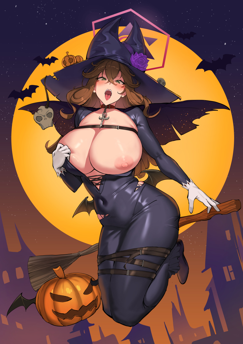 9eep absurdres areola_slip bat_(animal) bat_wings belt black_dress blush breasts broom broom_riding brown_hair cape cleavage collar cross dress flower full_body full_moon green_eyes halloween halloween_costume halo hat highres jack-o'-lantern karuizawa_mayumi large_areolae large_breasts leather_strap light light_areolae looking_at_viewer moon navel night night_sky nipples open_mouth original parody purple_flower skull sky star_(sky) starry_sky tight_clothes tight_dress tongue tongue_out wings witch_hat yellow_moon