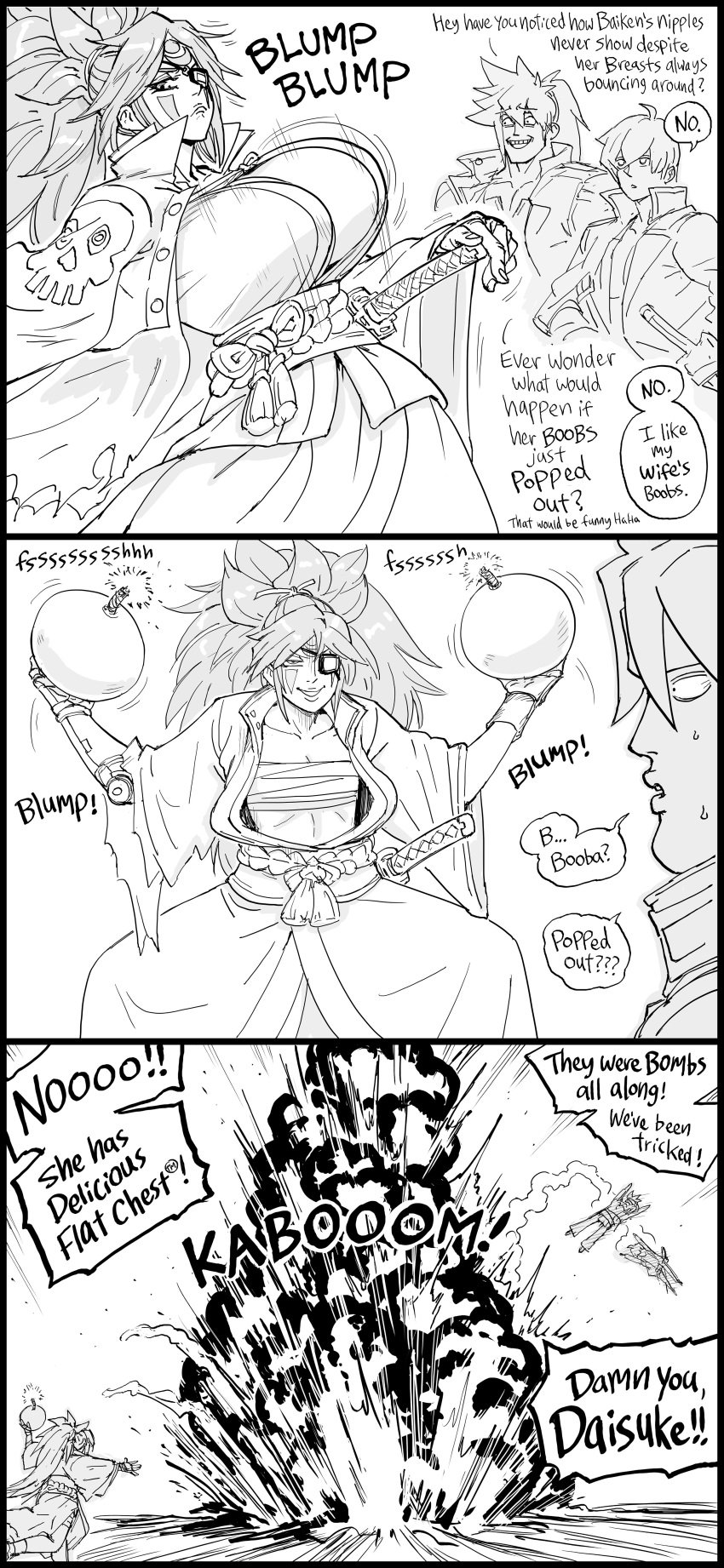 1girls 2boys absurd_res baiken bb_(baalbuddy) big_breasts black_and_white bomb bouncing_breasts comic dialogue english_text explosion eye_patch fake_breasts female flat_chest funny guilty_gear guilty_gear_strive katana ky_kiske male monochrome prosthetic_arm sarashi sheath sheathed sol_badguy speech_bubble sword tagme white_background