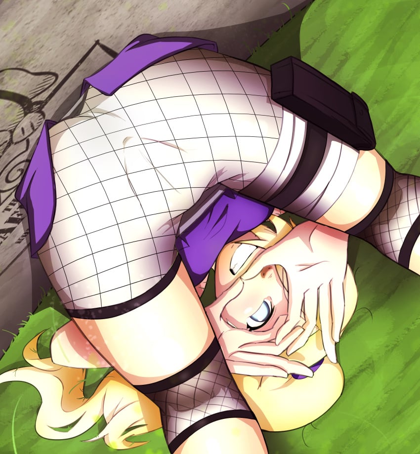 against_wall ass blonde_hair blue_eyes breasts creedle female female_only from_behind gesture grin hand_sign heart_hands ino_yamanaka kunoichi legs_up long_hair looking_at_viewer lying_down lying_on_back naruto naruto_(series) naruto_shippuden ninja ponytail smile solo solo_focus upside-down