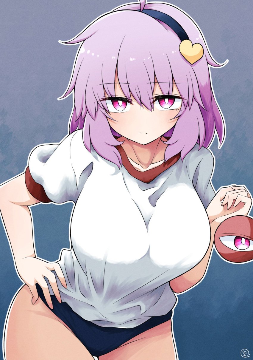 1girls :| big_breasts blue_background breasts clothed_female expressionless gradient_background gym_clothes gym_uniform hand_on_hip headband light-skinned_female pink_eyes pink_hair satori_komeiji scavia10 solo solo_female thick_thighs thighs third_eye touhou watermark