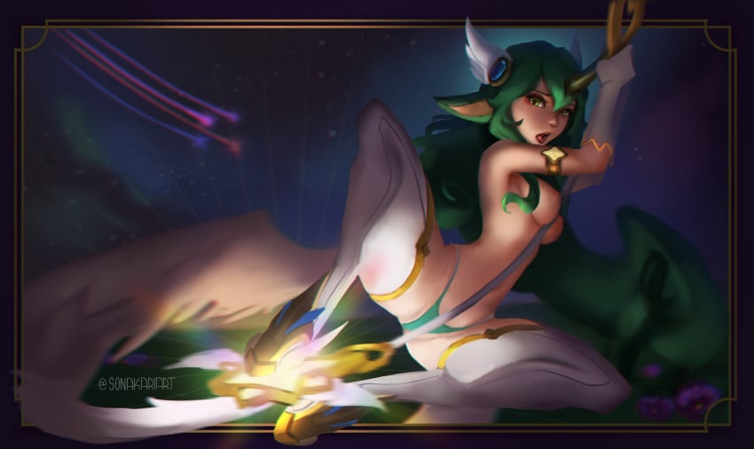 1girls big_breasts celestial_(league_of_legends) gloves green_eyes green_hair league_of_legends long_hair looking_at_viewer open_mouth panties partially_clothed pointy_ears presenting solo sonakariart soraka star_guardian_series star_guardian_soraka thick_thighs topless wings