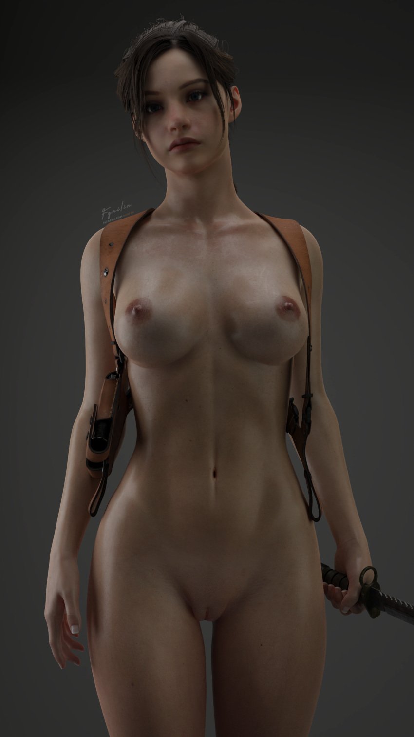 1girls 3d artist_signature blue_eyes breasts brown_hair casual claire_redfield completely_nude completely_nude_female erect_nipples female female_only fgnilin gun holding holding_knife holding_weapon holster holstered_weapon human knife medium_breasts navel nude pale_skin patreon_url pussy resident_evil resident_evil_2 resident_evil_2_remake shaved_pussy shiny_skin shoulder_holster solo standing tactical_nudity thighs weapon wet wet_pussy