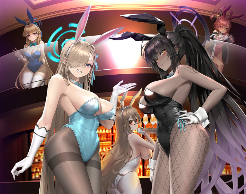 5girls akane_(blue_archive) akane_(bunny)_(blue_archive) animal_ears armpits asuna_(blue_archive) asuna_(bunny)_(blue_archive) black_hair black_leotard black_pantyhose blonde_hair blue_archive blue_bow blue_bowtie blue_eyes blue_halo blue_leotard blush bow bowtie breasts brown_eyes bunnysuit cleaning_&_clearing_(blue_archive) closed_mouth dark-skinned_female dark_skin detached_collar elbow_gloves fake_animal_ears fake_tail female fishnet_pantyhose fishnets gloves grin hair_over_one_eye halo highres holding holding_tray indoors jacket karin_(blue_archive) karin_(bunny)_(blue_archive) large_breasts leotard light_brown_hair long_hair long_sleeves medium_breasts millennium_science_school_student multiple_girls neru_(blue_archive) neru_(bunny)_(blue_archive) official_alternate_costume pantyhose ponytail purple_halo rabbit_ears rabbit_tail red_eyes red_hair red_leotard short_hair smile sukajan sunkilow tail thighhighs toki_(blue_archive) toki_(bunny)_(blue_archive) tray white_gloves white_leotard white_thighhighs yellow_eyes