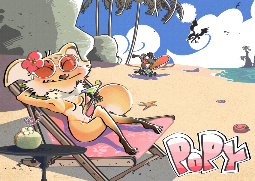 absurd_res accipitriform anthro avian beach bikini bikini_thong bird canid canine clothing female fennec fox hi_res hittamm hyena male mammal oscar's_oasis popy seaside swimwear vulture