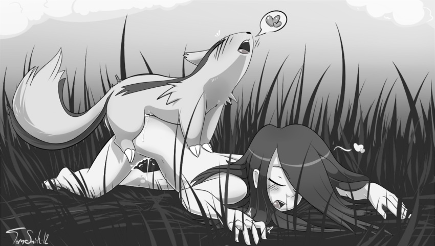 blush closed_eyes doggy_style female feral grass heart human insomniacovrlrd interspecies linoone long_hair male monochrome nude open_mouth outdoors pokemon pokephilia straight tom_smith zoophilia