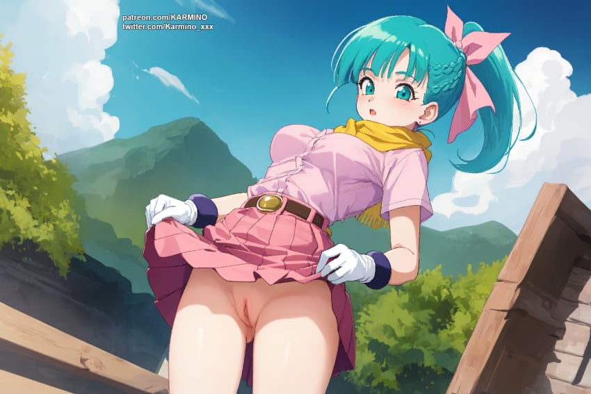 1girls ai_generated blue_eyes bulma_(dragon_ball) bulma_briefs dragon_ball dragon_ball_z female female_only green_hair karmino medium_breasts medium_hair solo_female