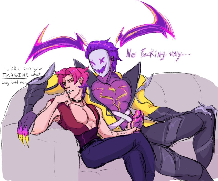 2boys clothed clothing cock darkin dialogue gay handjob heartsteel_kayn heartsteel_rhaast heartsteel_series kayn league_of_legends male male/male male_only masturbation multicolored_hair muscular muscular_male open_clothes pecs pectorals penis pink_hair purple_hair purple_skin rhaast_(league_of_legends) veiny_penis yaoi