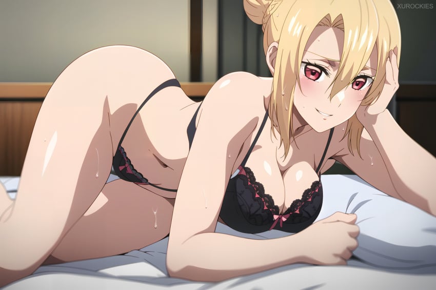 ai_generated angelica_rapha_redgrave armpits ass big_ass big_breasts black_panties blonde_hair otome_game_sekai_wa_mob_ni_kibishii_sekai_desu panties red_eyes smile