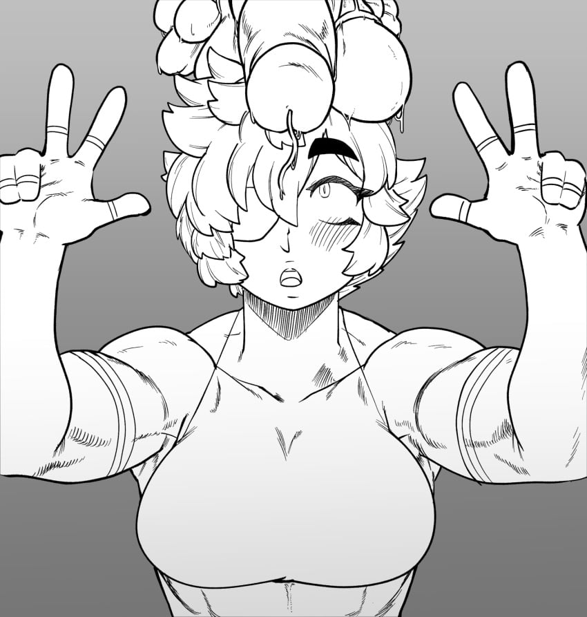 eyepatch monster_cock muscular_female noahdoesart original_character peace_sign penis_on_head surprised_expression