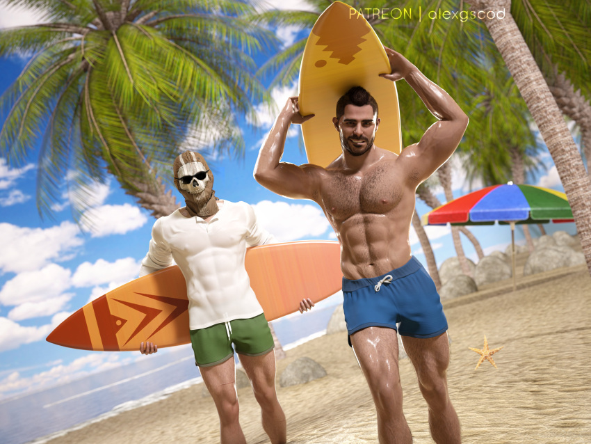 2boys 2humans 3d 3d_model abs activision alexgscod beach blue_eyes bromance brown_hair call_of_duty call_of_duty_modern_warfare_2_(2022) day daytime friends friendship ghost_(modern_warfare_2) hairy_male handsome hunk island john_mactavish male male_focus male_only masculine masked masked_male muscular muscular_male ocean palm_tree paradise peaceful pecs sand simon_riley soap_(modern_warfare_2) stud summer sunglasses surfboard vacation wholesome