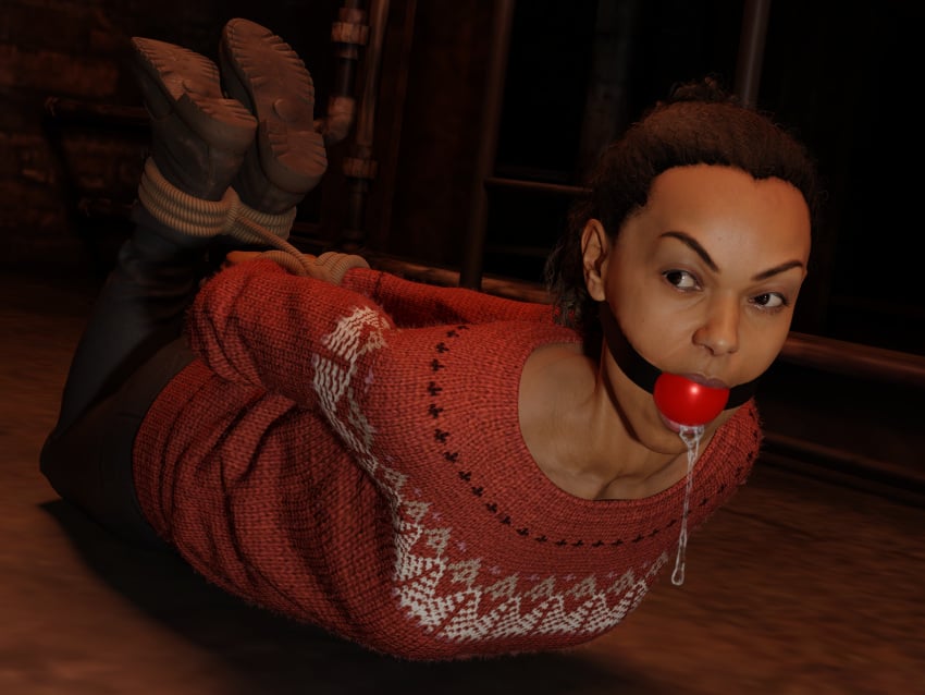 1girls 3d alan_wake alan_wake_2 ball_gag blender boots christmas_sweater clothed dark-skinned_female dark_skin drooling female female_focus female_only gag gagged hogtied rope saga_anderson theblendertaper