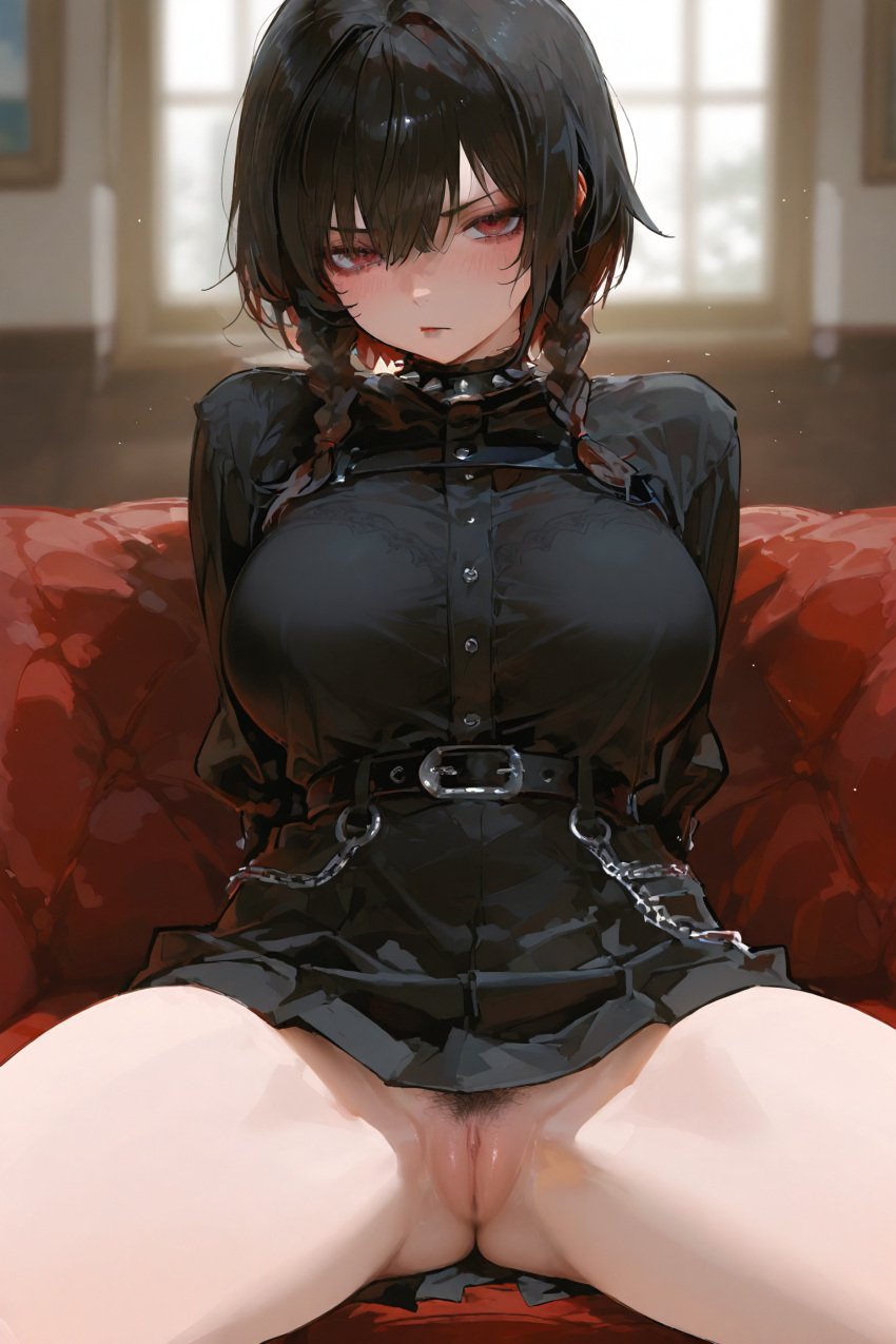 ai_generated black_hair black_lipstick clowenqq goth goth_girl large_breasts makeup original original_character red_eyes twin_braids twintails