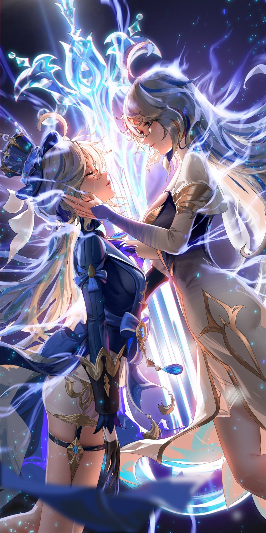 2girls blue_eyes blue_streaks closed_eyes closed_mouth dress female_only focalors_(genshin_impact) furina_(genshin_impact) genshin_impact gloves hat jacket liang_xing open_eyes open_mouth shorts sword tagme tears very_high_resolution white_hair