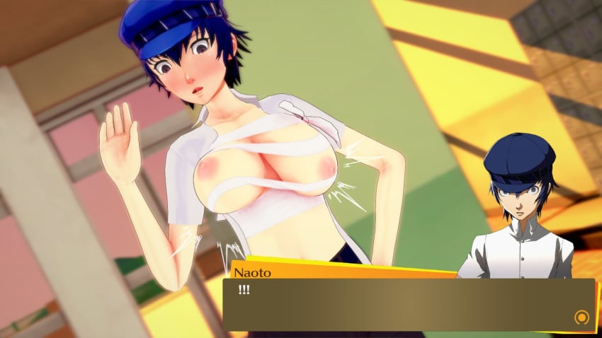 big_breasts blush breast_exposed broken_clothing embarrassed exposed_breasts persona persona_4 shirogane_naoto surprise text_box that_naoto_guy