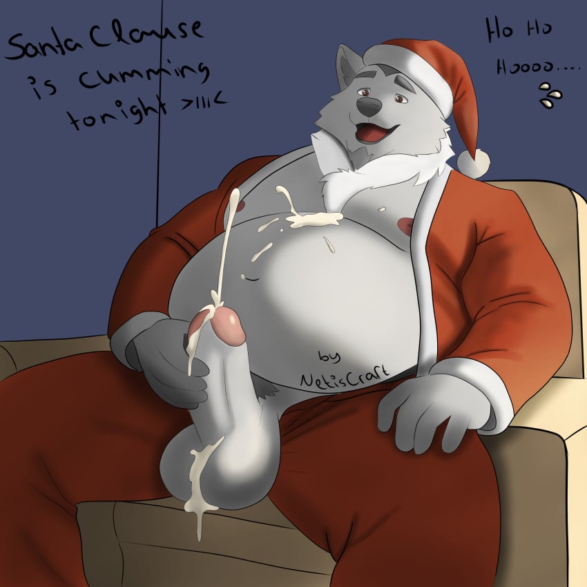 absurd_res anthro artist_netiscraft balls beard belly big_balls big_penis bodily_fluids body_hair canid canine canis chest_hair christmas christmas_clothing christmas_headwear chub_(disambiguation) clothing cum cum_drip cumshot dripping ejaculation facial_hair furniture genital_fluids genitals hat headgear headwear hi_res holidays male male/male male_only mammal netiscraft penis santa_claus santa_hat slightly_chubby sofa solo wolf