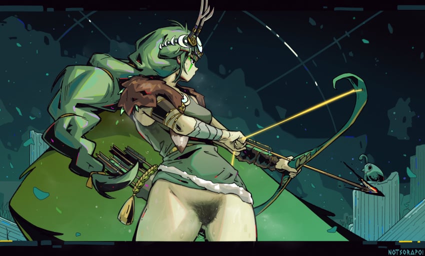 1girls almost_naked artemis_(hades) belly belly_button big_braid big_hair bottomless bow bow_(weapon) bow_and_arrow braided_hair bushy_pubes busy divine excessive_pubic_hair female female_only female_pubic_hair goddess greek_mythology green_body green_hair green_skin hades_(game) hairy hairy_pussy hips hunter huntress naked nipples notsorapoi nude pale-skinned_female pale_skin partially_clothed practically_nude pussy quiver small_breasts steam steaming_body supergiant_games sweat sweating sweaty thighs tummy vagina weapon