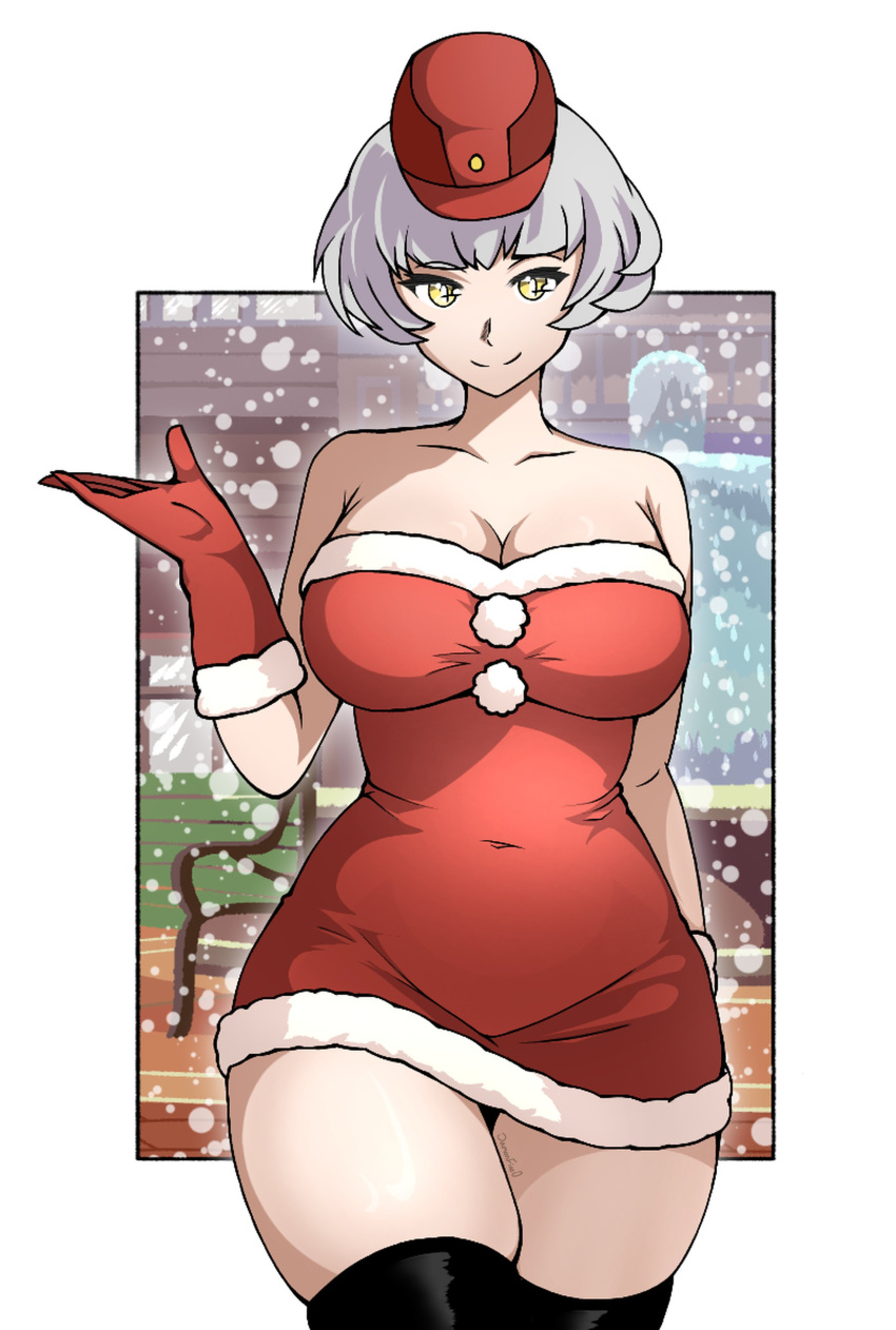 christmas christmas_clothing christmas_outfit damonfive0 elizabeth_(persona) female outdoors persona persona_3 red_outfit santa_costume white_hair yellow_eyes