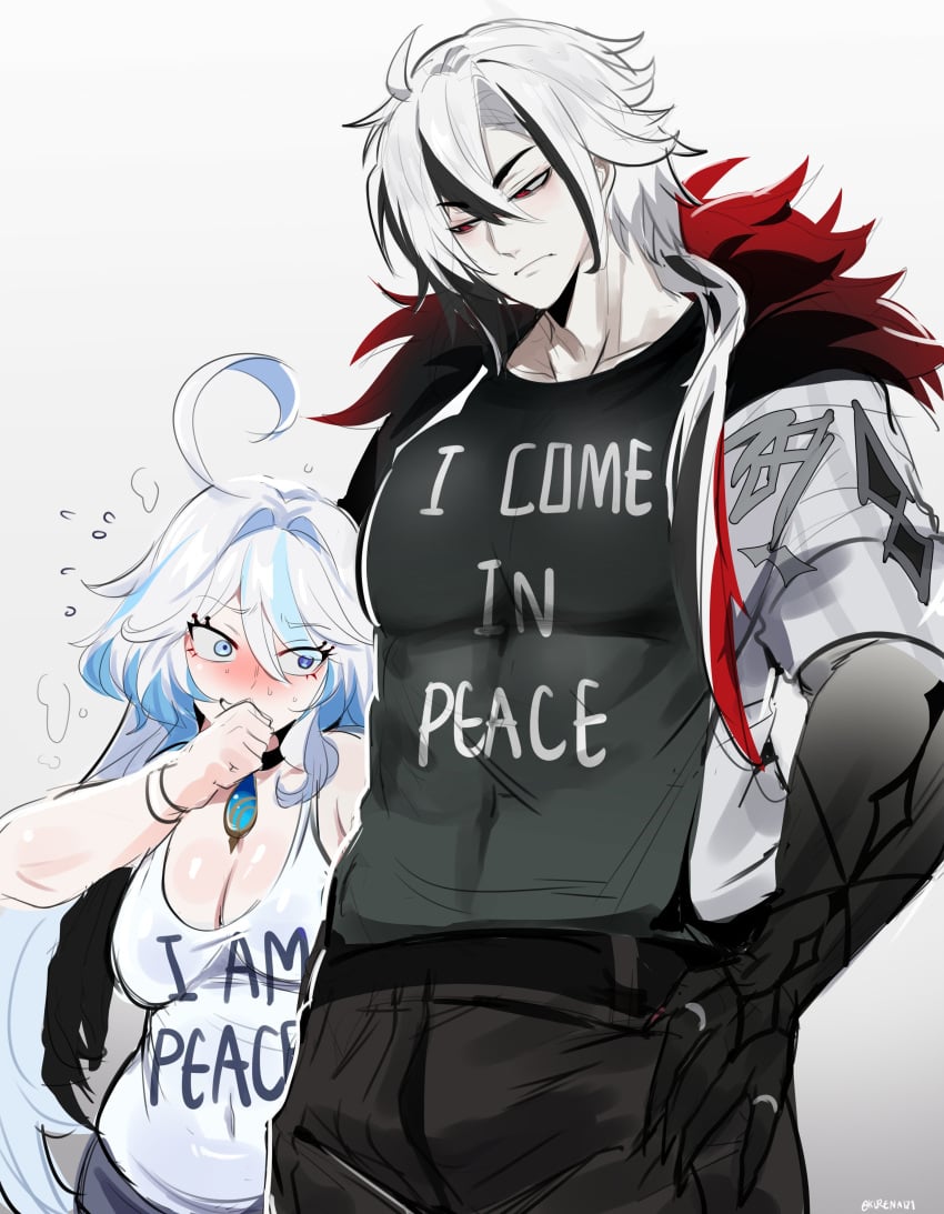 1boy 1girls arlecchino_(genshin_impact) blue_eyes breasts choker cleavage clothes_writing english_text furina_(genshin_impact) genderbend genderbent genderswap genderswap_(ftm) genshin_impact jacket kurenaiz1 larger_male nervous_smile petite rule_63 sweat t-shirt white_hair