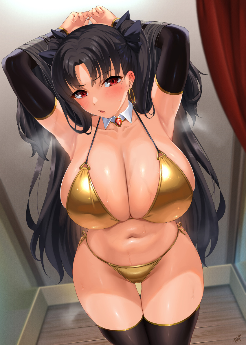 1girls bikini breasts brown_hair fate/grand_order fate_(series) female gold_bikini hi_res huge_breasts ishtar_(fate) kisaragi_tsurugi light-skinned_female light_skin long_hair red_eyes