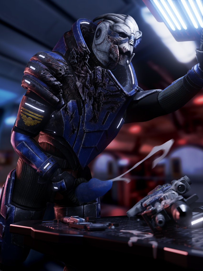 3:4 3_fingers 3d_(artwork) absurd_res alien alien_genitalia alien_humanoid anthro armor bandage bandage_on_face bioware blender_(software) bodily_fluids closed_eyes clothed clothing cum cum_on_weapon digital_media_(artwork) dripping ejaculation electronic_arts fangs fingers garrus_vakarian genital_fluids genitals gun hi_res humanoid leaning leaning_on_wall male male_anthro mass_effect masturbation orgasm orgasm_face partially_clothed penis ranged_weapon rifle scar seurat slit sniper_rifle solo standing teeth turian weapon