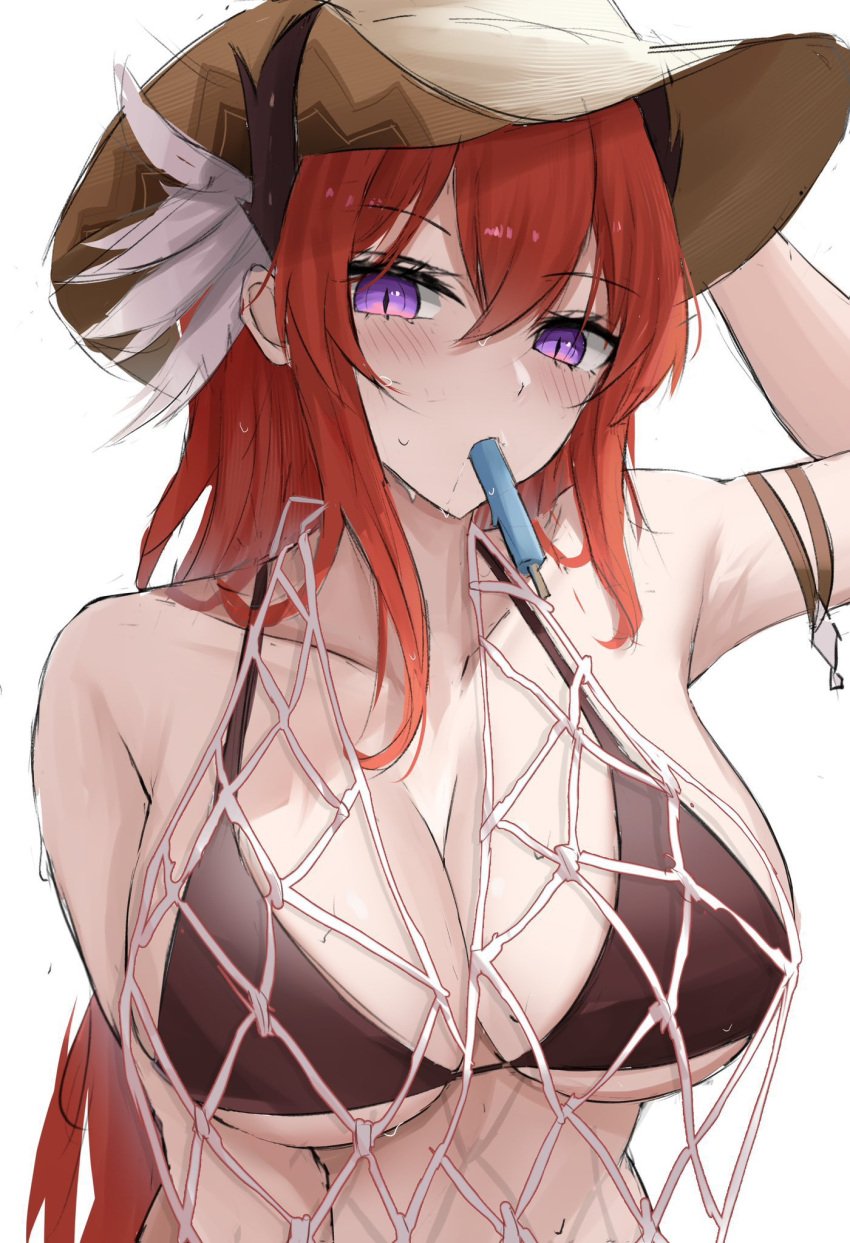 1girls arknights arm_behind_head arm_up big_breasts bikini bikini_top black_bikini blush breasts busty cleavage collarbone curvaceous curvy demon_girl demon_horns enormous_breasts female female_focus female_only giant_breasts gigantic_breasts hair_between_eyes hand_on_hat hat headgear headwear horns huge_breasts hyper_breasts ice_cream large_breasts light-skinned_female light_skin long_hair looking_at_viewer massive_breasts namikare popsicle popsicle_in_mouth posing purple_eyes red_eyes red_hair seductive seductive_eyes seductive_gaze seductive_look seductive_mouth seductive_pose simple_background slit_pupils solo solo_female solo_focus sucking_popsicle surtr_(arknights) tagme tight_clothing voluptuous white_background