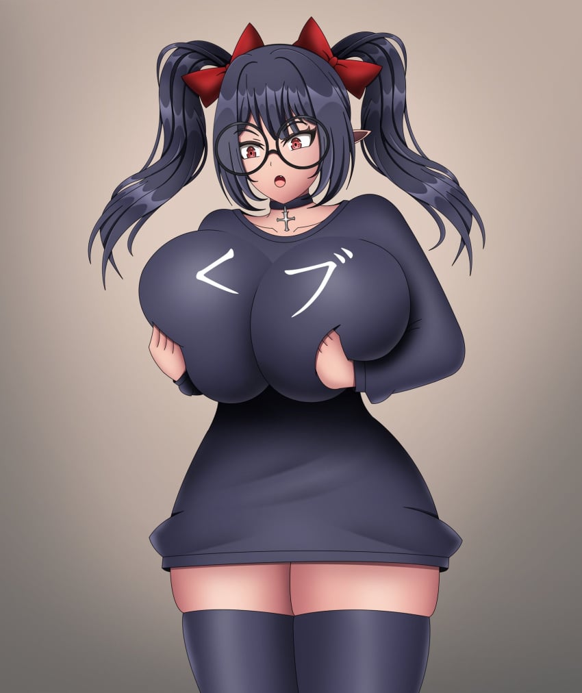 1girls black_hair breasts clothed clothed_female female female_only glasses grabbing_own_breast gradient_background grey_background huge_breasts indie_virtual_youtuber light-skinned_female no_bra oerba_yun_fang open_mouth pointy_ears red_eyes rev_says_desu round_glasses seelenfresserin solo solo_female suprised teasing thick_thighs thighhighs thighs twintails virtual_youtuber vtuber youtube